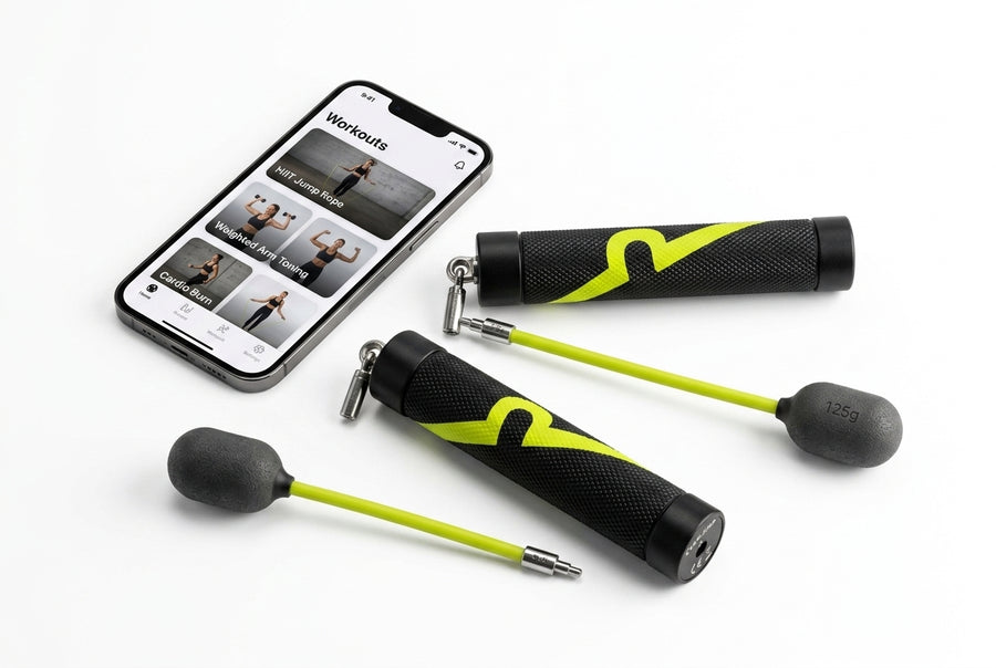 Everjump App auf Smartphone mit Bluetooth Griffen und Live Sprungzähler
